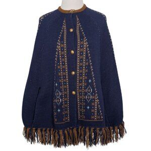 Vintage Sturbridge Cape Womens Medium Blue Fringe Gold Buttons Boho Poncho